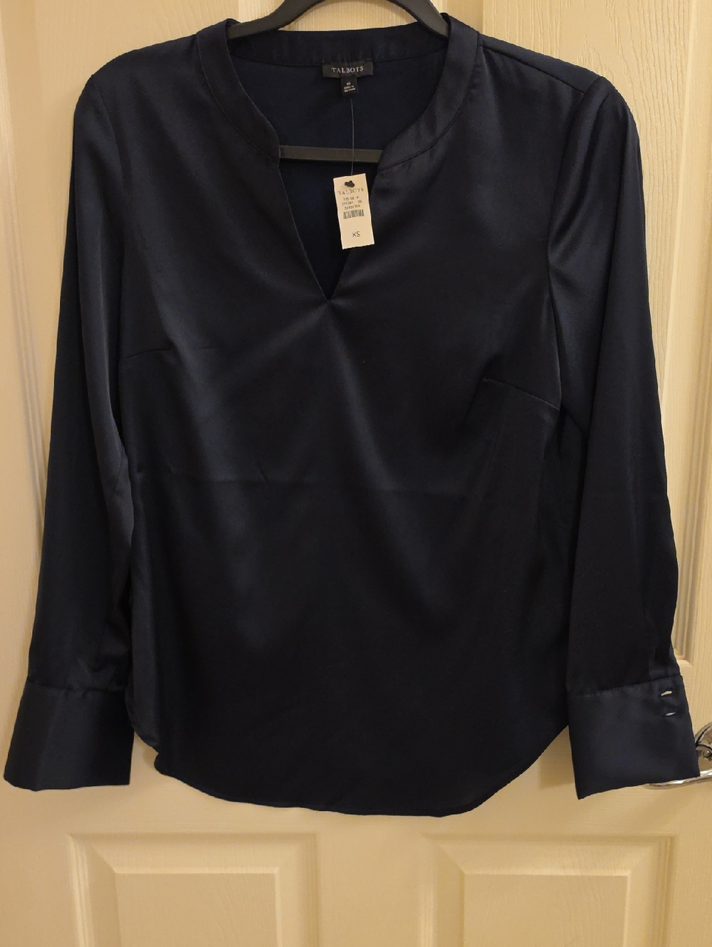Talbots Navy Satin V Neck Blouse NWT Oversized XS